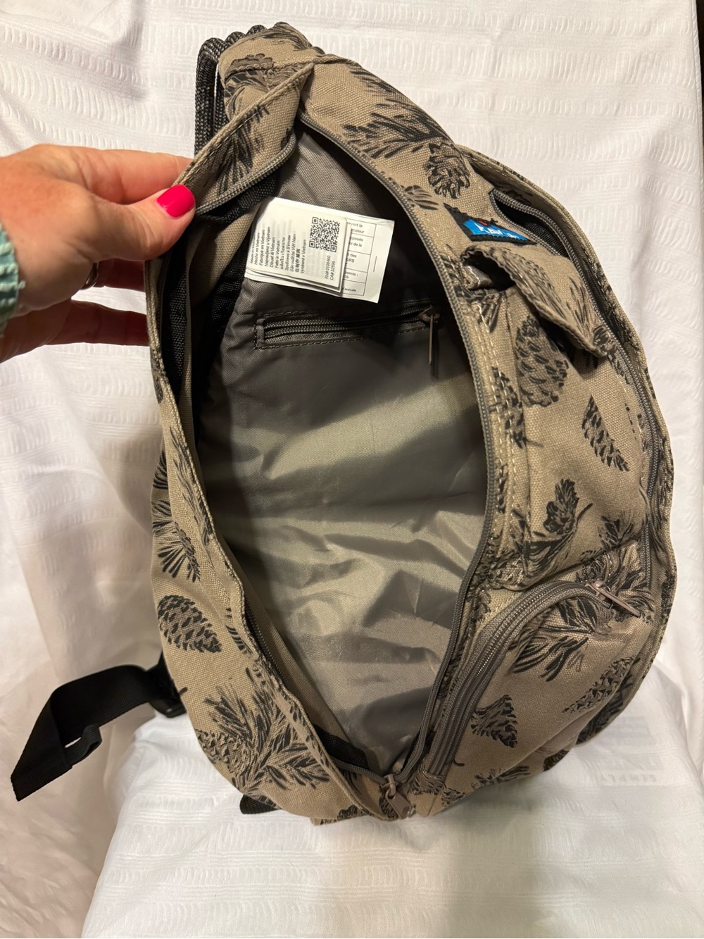 Kavu Tan Sling Bag with Black Pinecone Print - Picture 2 of 7